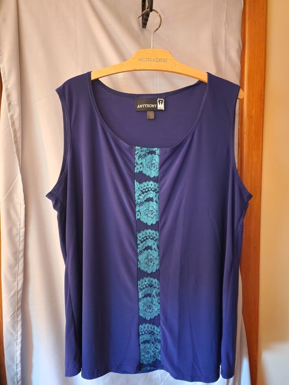 Anthony Originals Blue Sleeveless Top Turquoise Floral Accent